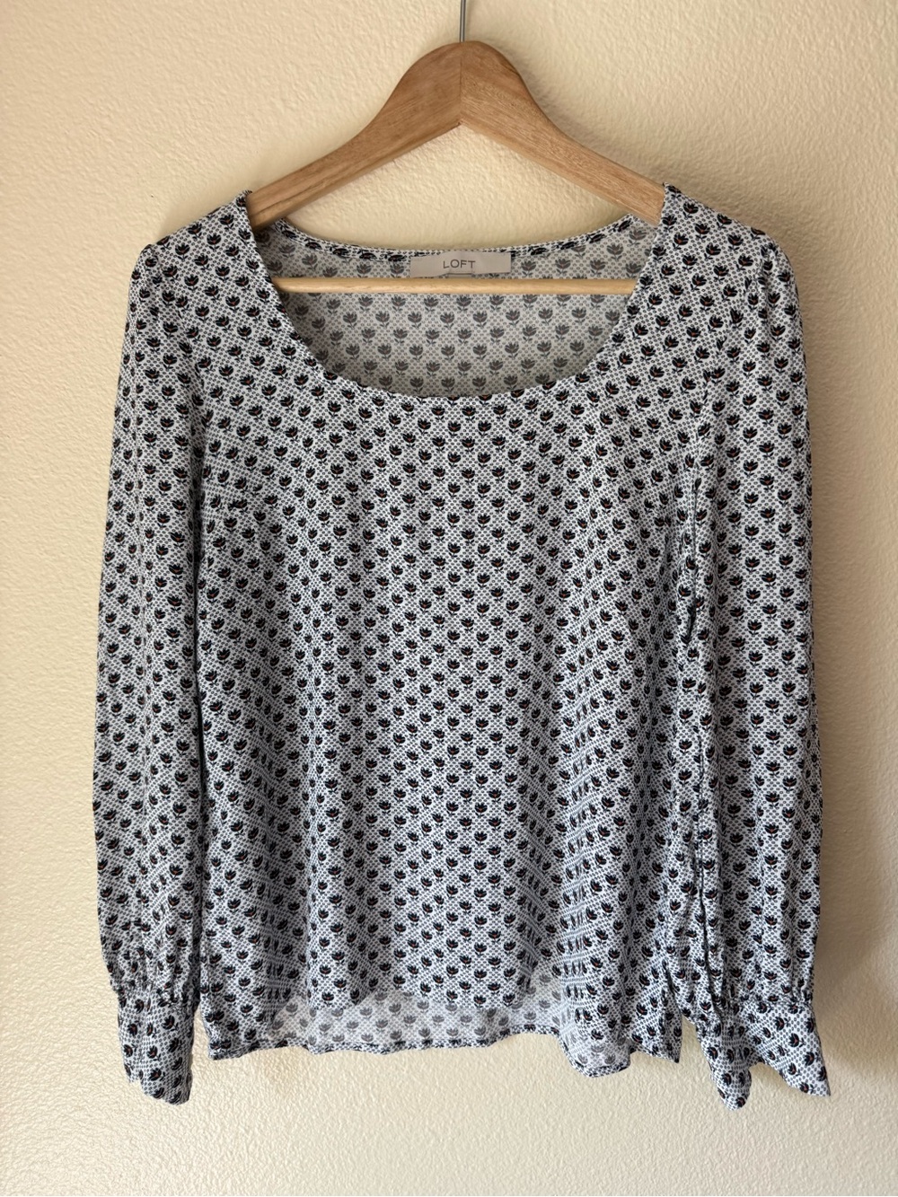 LOFT Navy & White Scoop Neck Long Sleeve Printed Top